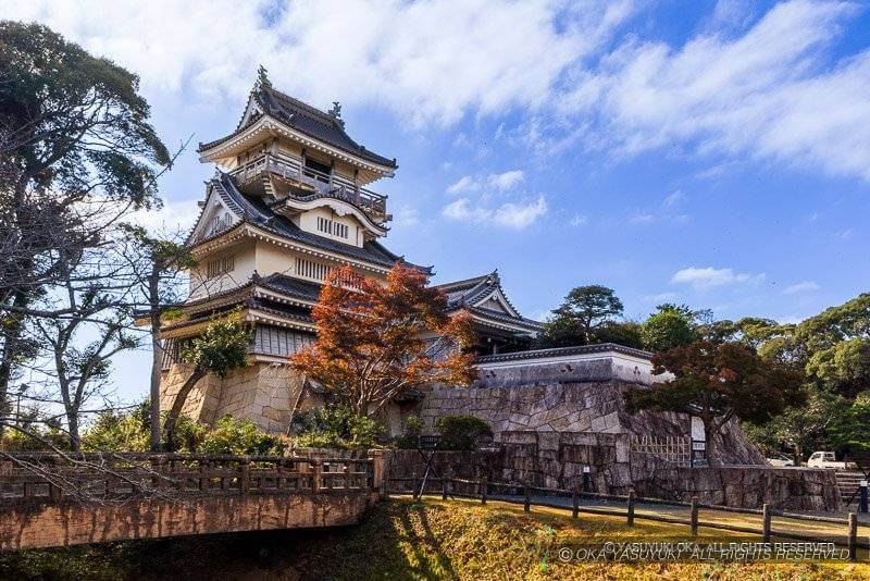 紅葉した木と石垣の上に建つ小山城