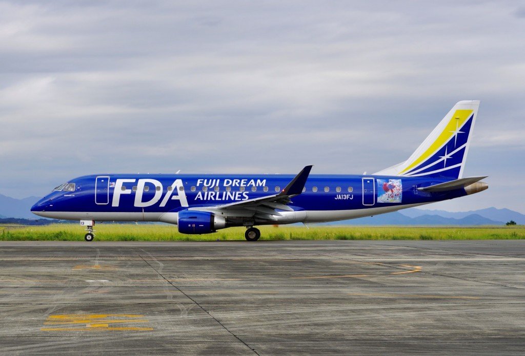 草地を背に滑走路を進む青いFDAの飛行機